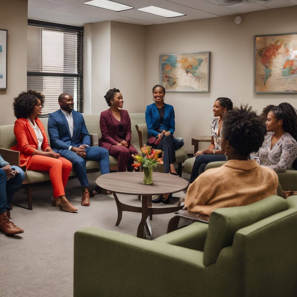 A diverse group of people waiting in a community health center.