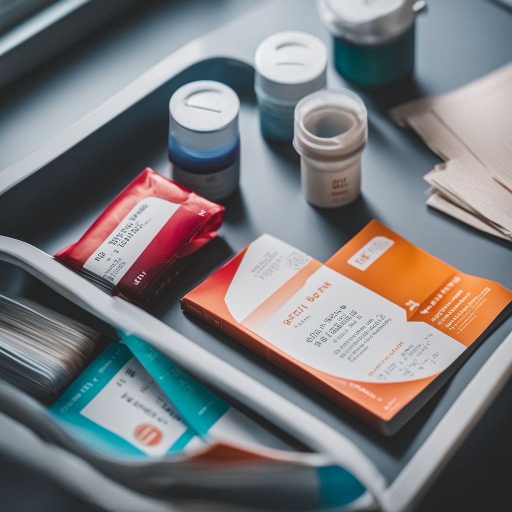 A HIV testing kit and educational pamphlets in a healthcare setting. A HIV testing kit and educational pamphlets in a healthcare setting.