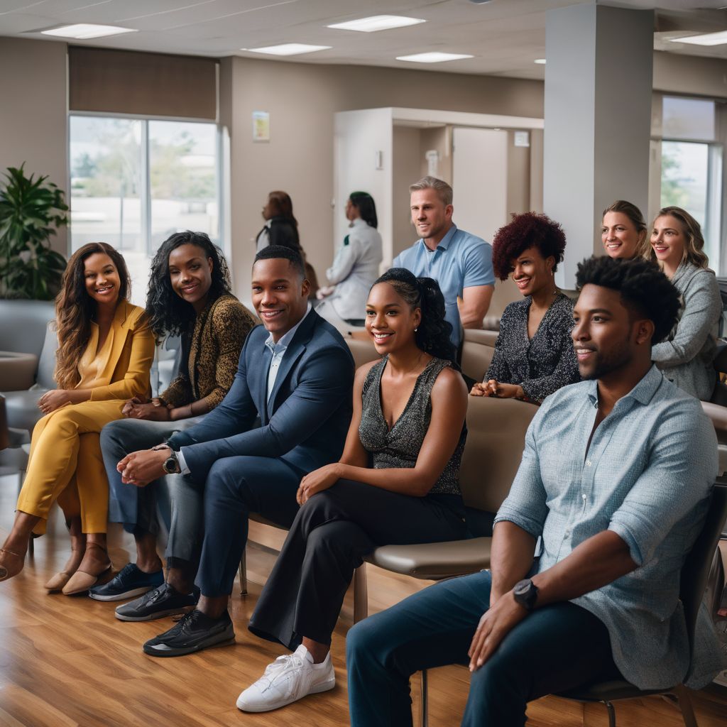 A diverse group of individuals waiting for regular STD testing in a clinic.