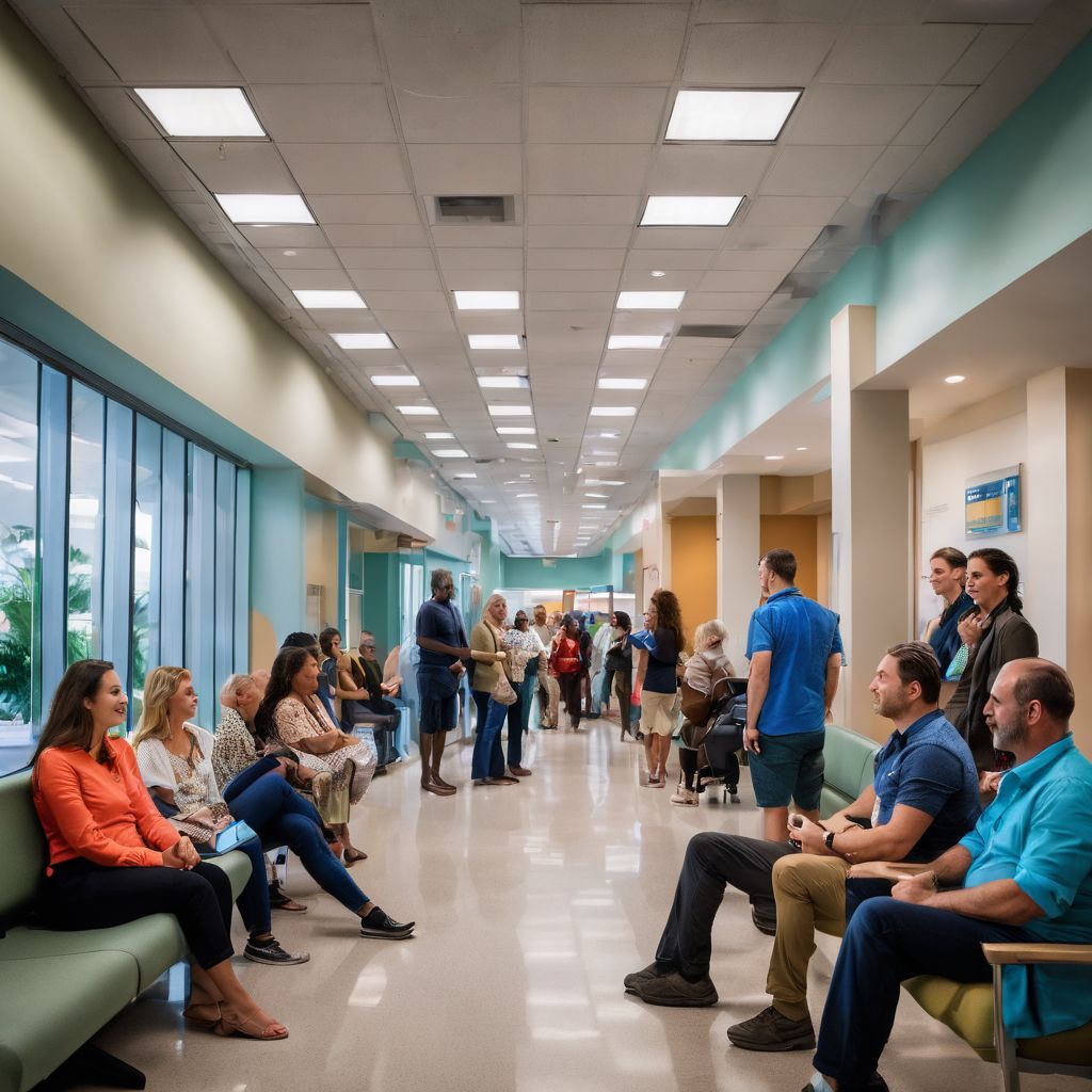 A diverse group of people waiting in the lobby of a health center. A diverse group of people waiting in the lobby of a health center.