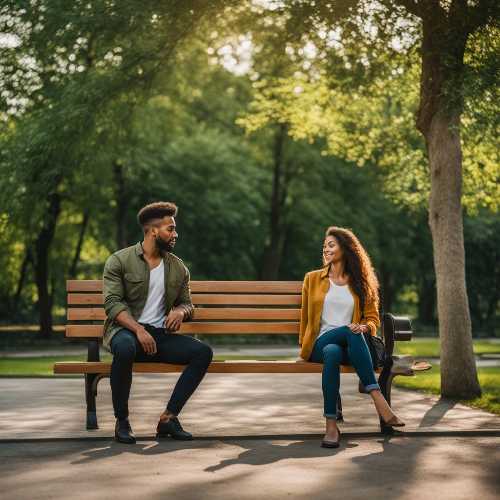 A young couple sitting on a park bench surrounded by greenery.