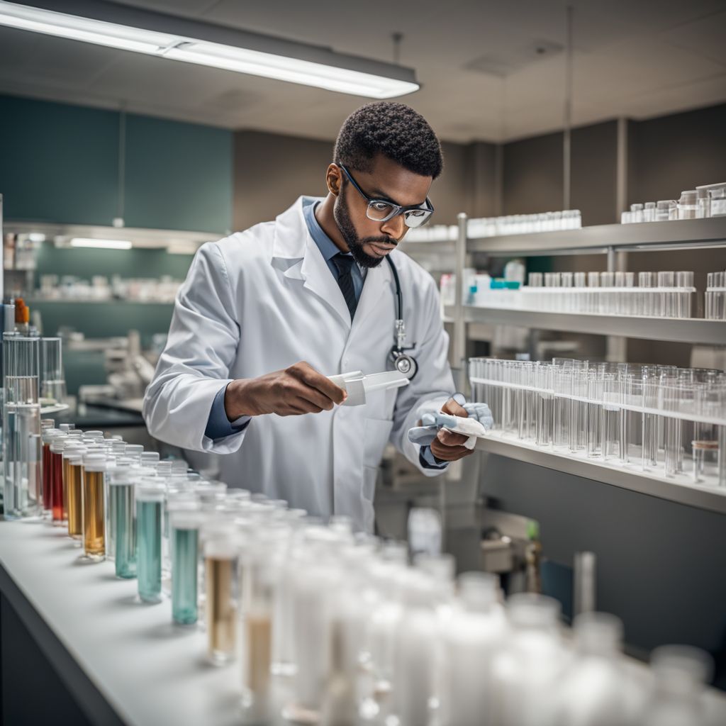 A medical professional examines test tubes in a modern STD clinic laboratory. A medical professional examines test tubes in a modern STD clinic laboratory.