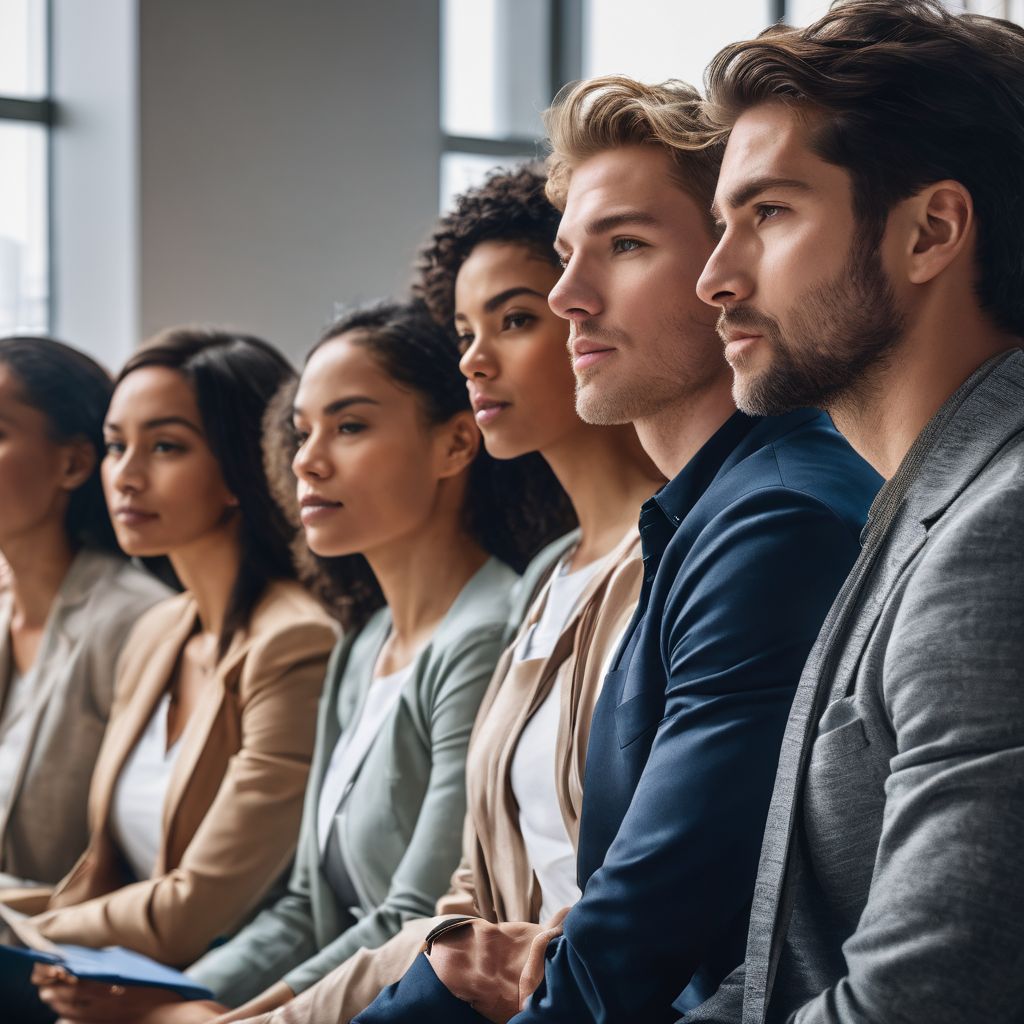 A diverse group of people await STD testing in a modern clinic. A diverse group of people await STD testing in a modern clinic.