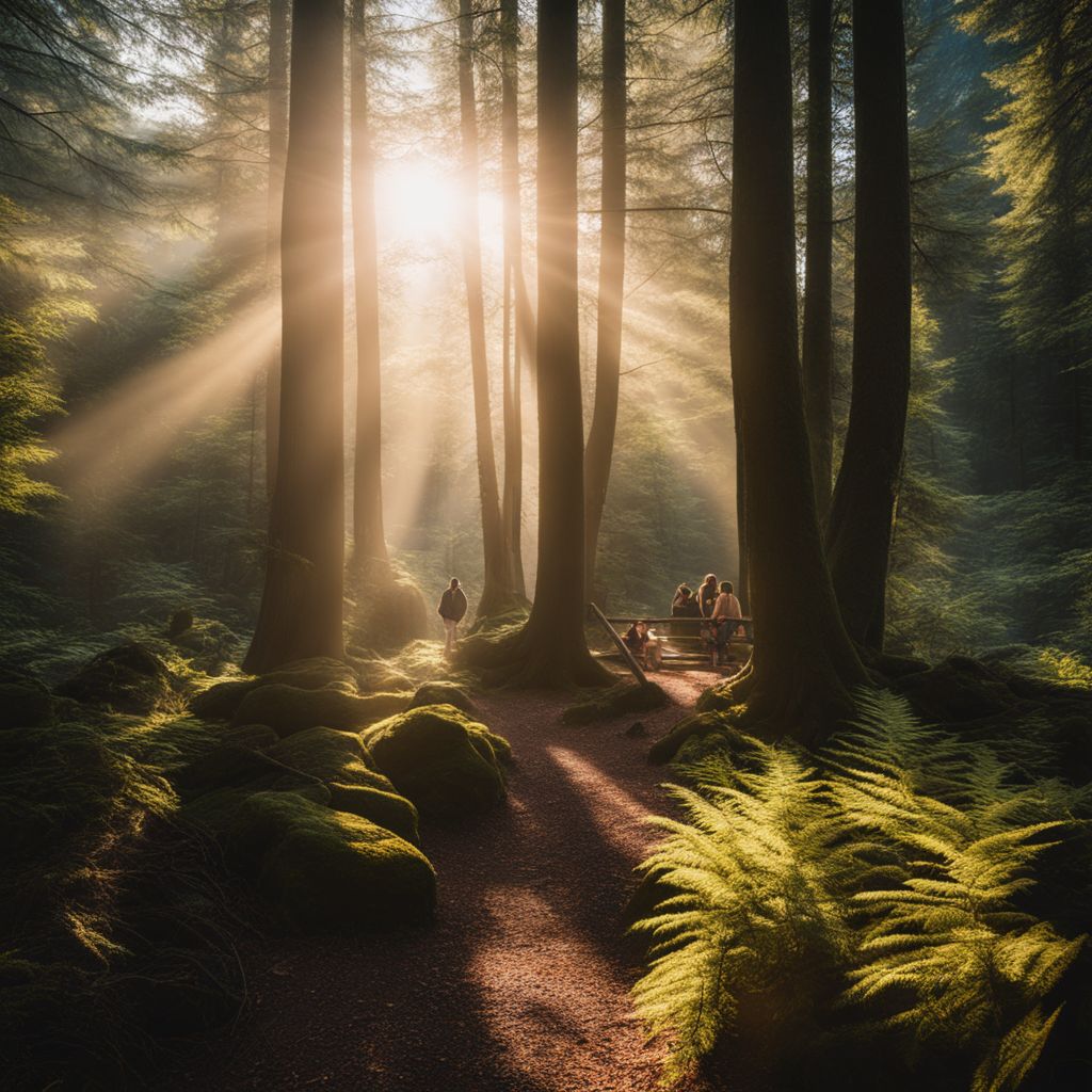 A serene forest with diverse people enjoying nature and tranquility. A serene forest with diverse people enjoying nature and tranquility.