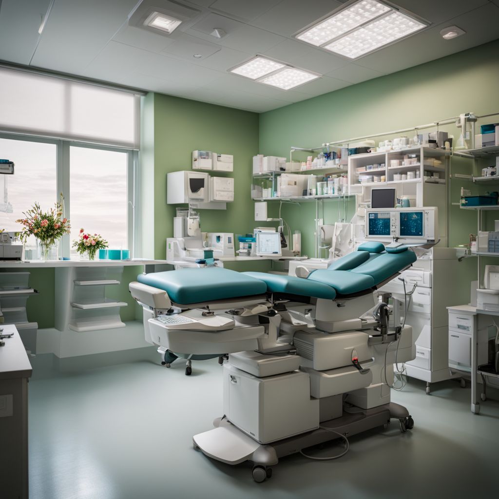 A bustling clinic with medical equipment and diverse staff members.