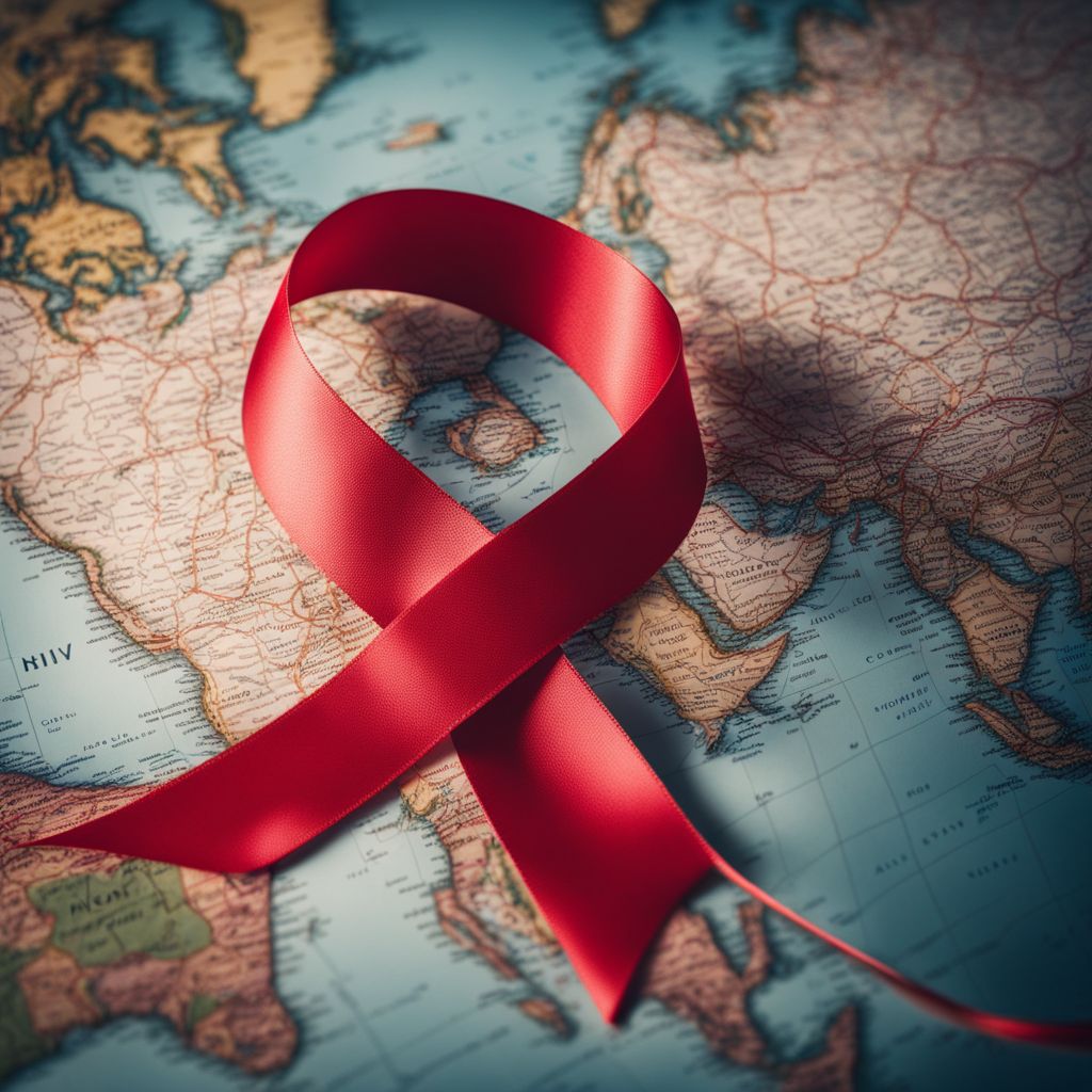 A red ribbon symbolizing HIV awareness on a world map. A red ribbon symbolizing HIV awareness on a world map.