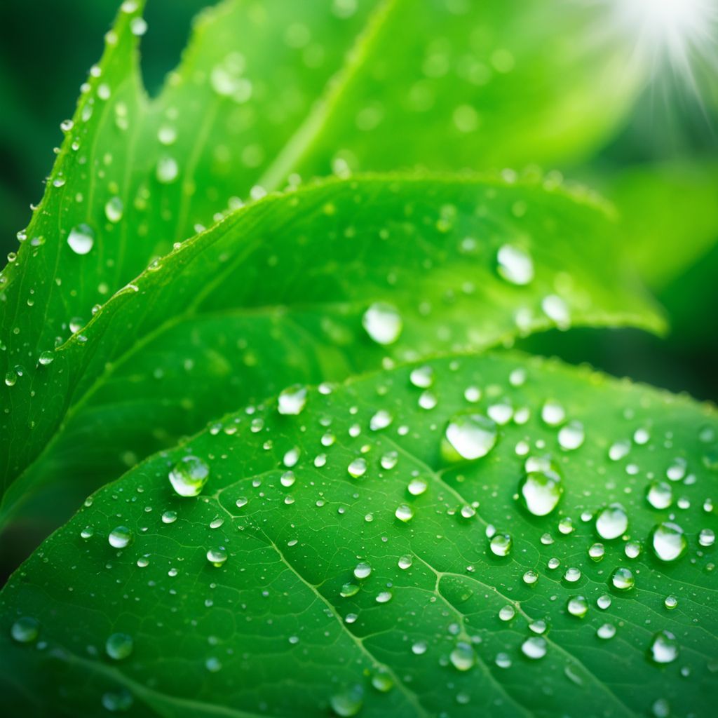 A close-up photo of a vibrant green leaf with dewdrops. A close-up photo of a vibrant green leaf with dewdrops.