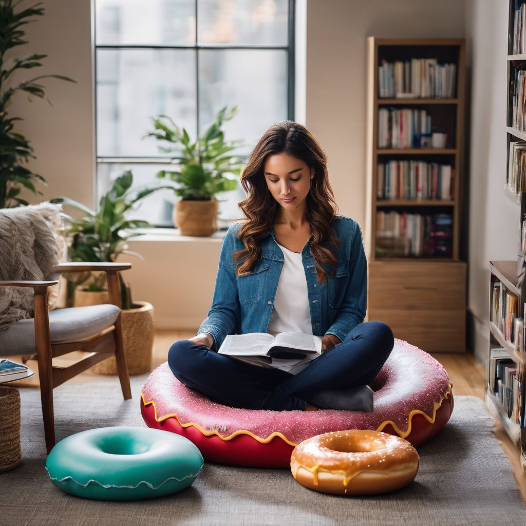 A person sitting on a donut cushion surrounded by medical literature and equipment. A person sitting on a donut cushion surrounded by medical literature and equipment.
