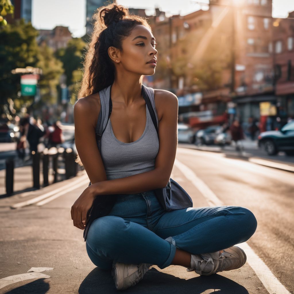 An individual sitting alone in an urban setting, experiencing discomfort.