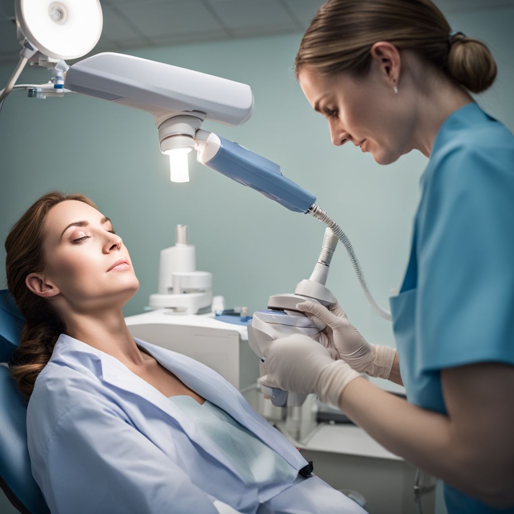 A woman undergoing a Pap smear test in a clinical setting.