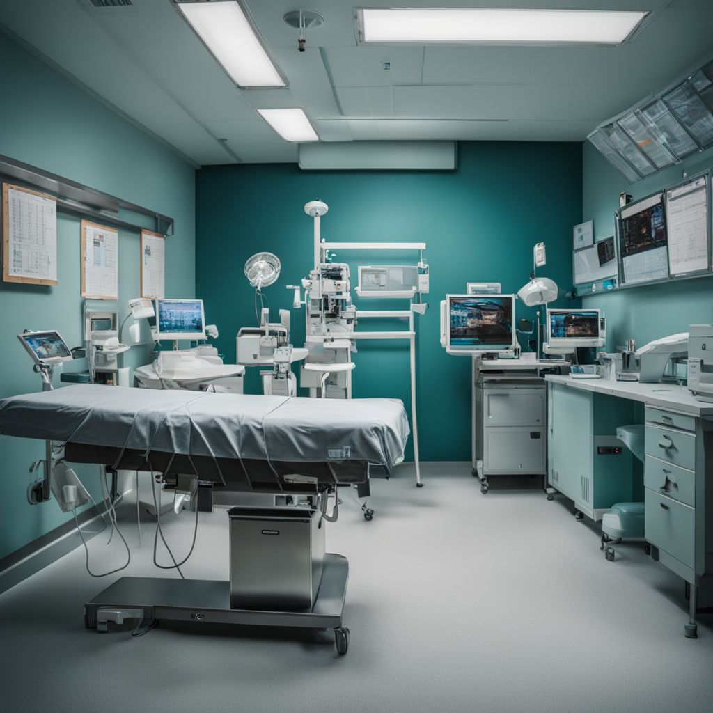 A medical examination room with testing equipment and informational posters.