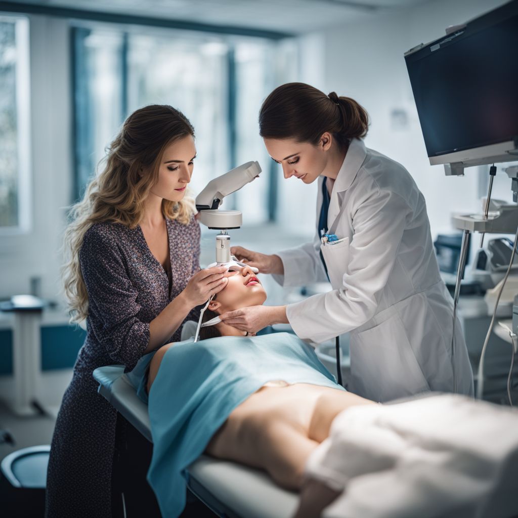A woman undergoing a Pap smear test in a medical clinic.
